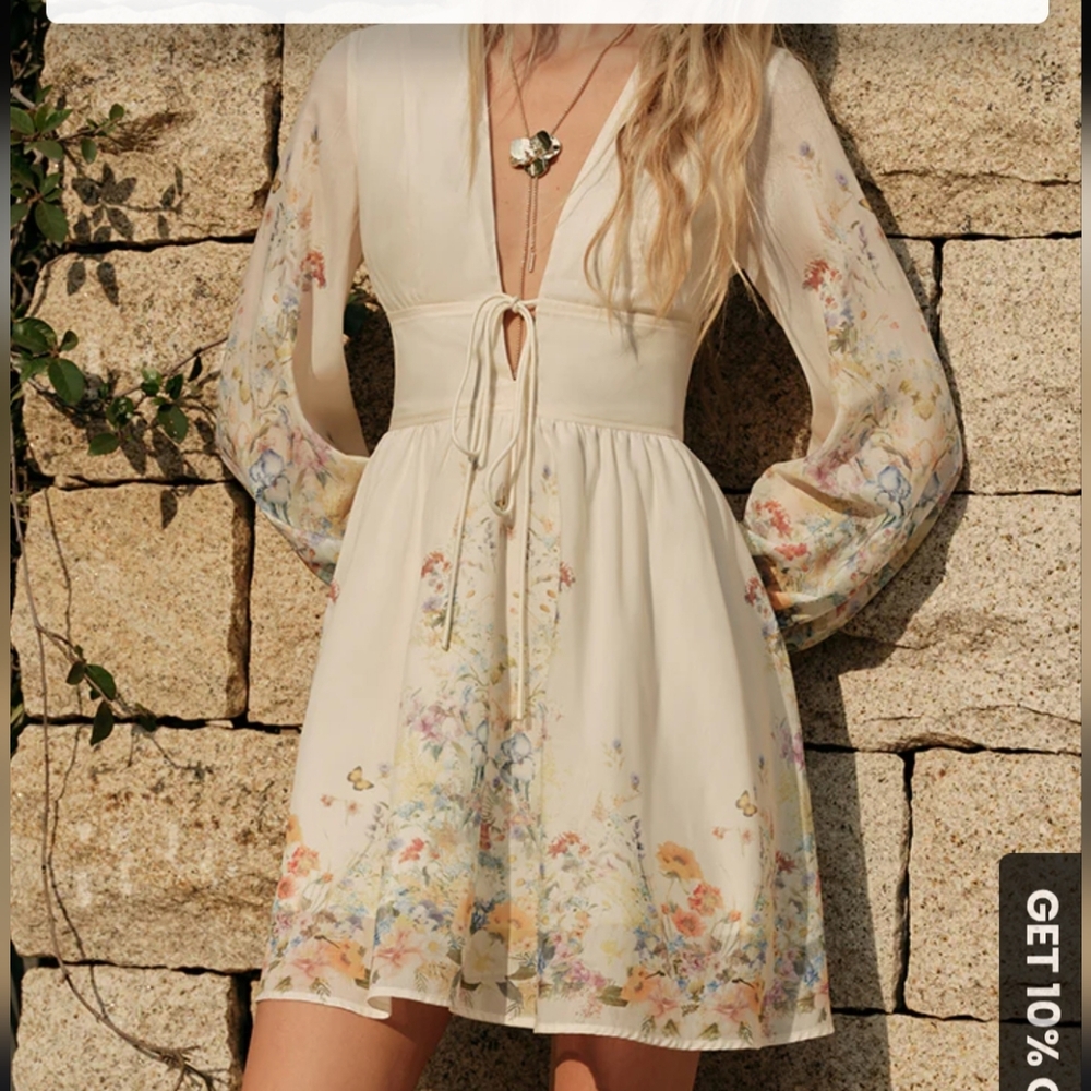 Commense Plunge Neckline Ivory Floral Long Balloon Sleeve Dress With Butterflies